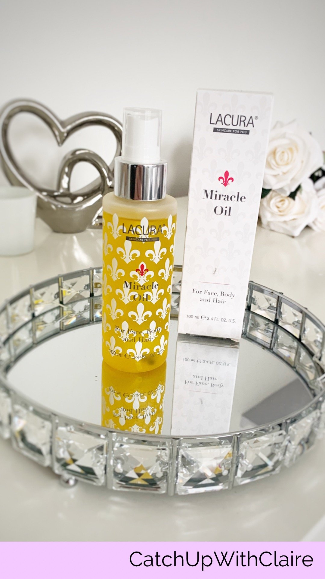 lacura oil and the empty box next to it displayed on a tray