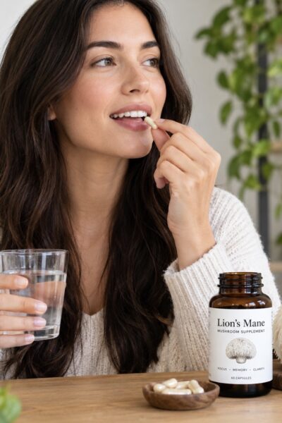 a lady taking lions mane supplement